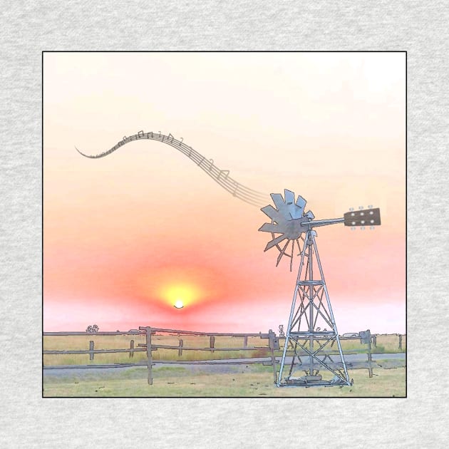 Farm Scene at Sunset with Windmill Playing Guitar by numpdog